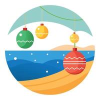 Christmas balls and lights on the beach blurred background vector