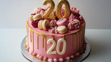A stunning pink birthday cake with macarons and gold accents for a 20th celebration photo
