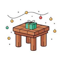 Wooden table with Christmas gift box amidst bokeh lights. vector