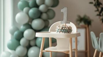 Silver number one balloon on a high chair in a softly decorated birthday backdrop photo