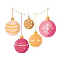 Gold and pink christmas ornaments hanging from string vector