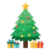 A huge Christmas tree with bright lights and presents. vector