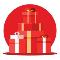 A stack of various red christmas presents on a red background vector