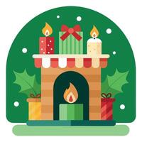 A christmas mantle with candles and ornaments on it and a green background. vector