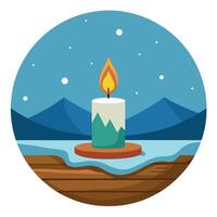 Candle on planks in snow front of winter snow landscape panorama bokeh background vector