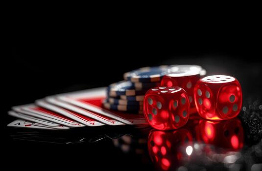 A close up of playing cards and dice surrounded by colorful poker chips at a gaming table photo