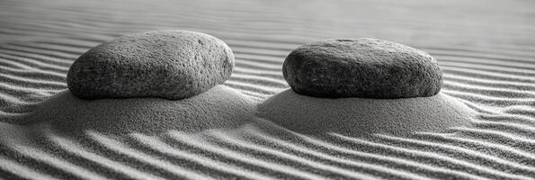 Tranquil Japanese garden with raked sand and a prominent stone under the suns warm glow photo
