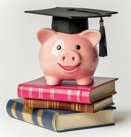 A cheerful piggy bank wearing a graduation cap rests atop a stack of colorful books photo