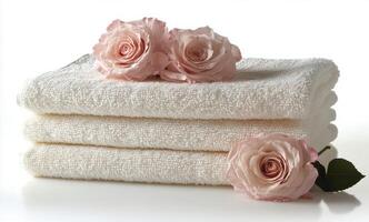 Neatly arranged white towels with fresh pink roses on a soft surface in a serene setting photo