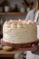 A smiling baker presents a decorated cake topped with colorful sprinkles in a cozy kitchen photo