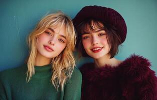 Two young women in stylish hats pose in front of a blue wall on a sunny day photo