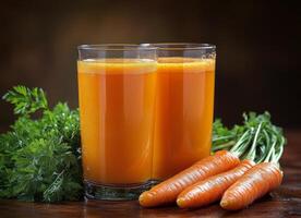 Freshly made carrot juice served in clear glasses with fresh carrots on a rustic table photo