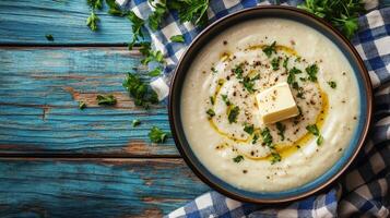 Creamy homemade soup topped with fresh herbs and butter served in a rustic bowl photo