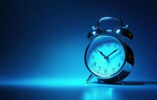 Classic blue alarm clock on a blue background showcasing timeless design and functionality photo