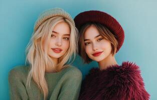 Two young women in stylish hats pose in front of a blue wall on a sunny day photo
