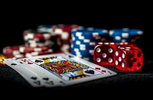 A close up of playing cards and dice surrounded by colorful poker chips at a gaming table photo