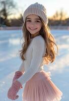 Joyful girl skating on ice in winter attire at sunset, showcasing a playful moment outdoors photo