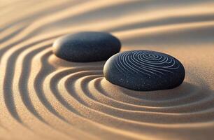 Smooth black stones resting on gently rippled sand, highlighting tranquility and natural beauty photo