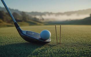 Early morning golf preparation with clubs, tees, and a ball on a misty green landscape photo