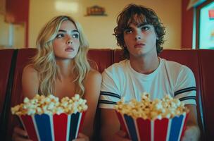 Young couple enjoying a movie night with popcorn in a colorful theater environment photo