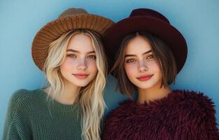 Two young women in stylish hats pose in front of a blue wall on a sunny day photo