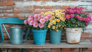 Colorful flowers in vibrant pots arranged on a rustic wooden table in a sunny outdoor setting photo