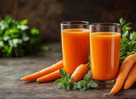 Freshly made carrot juice served in clear glasses with fresh carrots on a rustic table photo