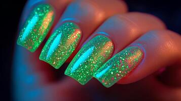 Bright luminous green glitter nails showcased against a dark background in a beauty setting photo