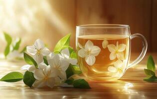 A serene moment with a cup of jasmine tea and delicate flowers in a warm setting photo