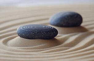 Smooth black stones resting on gently rippled sand, highlighting tranquility and natural beauty photo