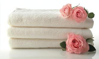 Neatly arranged white towels with fresh pink roses on a soft surface in a serene setting photo