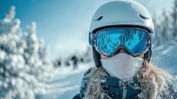 A young skier wearing protective gear amidst snowy trees on a bright winter day photo