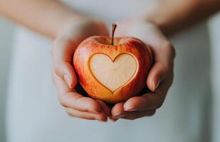 Person holding a heart shaped apple in their hands with a soft background photo