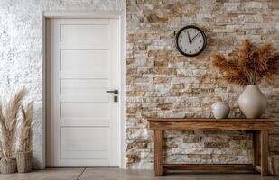 Modern interior design featuring a white door, stone wall, and a wooden table with decor photo