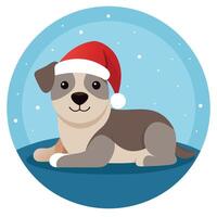 Cute dog with christmas hat lying down. Christmas background. Bokeh lights effect. vector