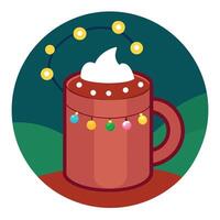 Mug of hot cocoa with marshmallows on the background of Christmas lights vector