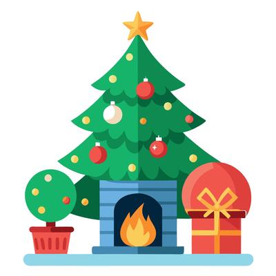 Christmas tree and christmas ornaments in front of a fireplace