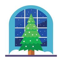 Christmas tree with snowing outside large window Christmas Background vector