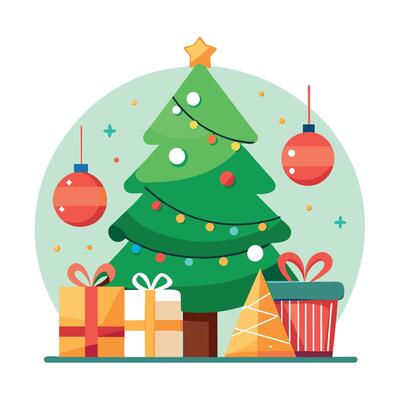 Festive Celebration with Christmas Tree and Decorations. Merry christmas and happy new year concept