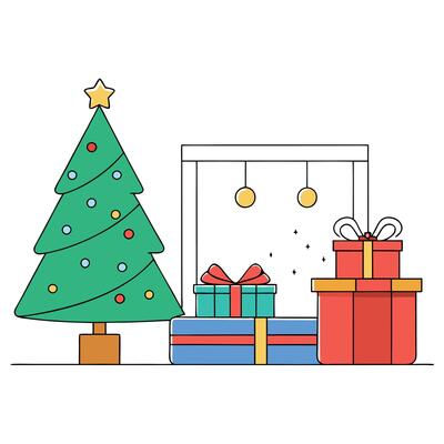 Gifts and new year tree in scandinavian style interior with christmas decoration.