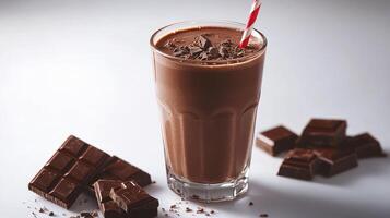 Delicious chocolate milkshake topped with chocolate shavings and a red striped straw photo