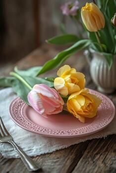 vistoso tulipanes arreglado en un rosado plato con un Clásico tenedor junto a ellos durante primavera foto