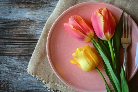 vistoso tulipanes arreglado en un rosado plato con un tenedor, presentando un rústico de madera antecedentes foto