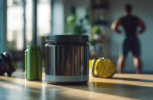 Fitness supplements arranged on a wooden table with a person exercising in the background photo
