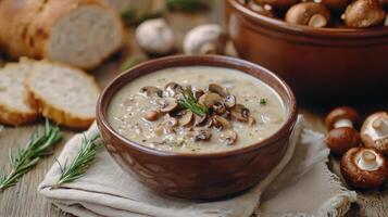Creamy mushroom soup served with crusty bread and garnished with fresh herbs on a wooden table photo