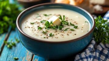 Creamy homemade soup topped with fresh herbs and butter served in a rustic bowl photo