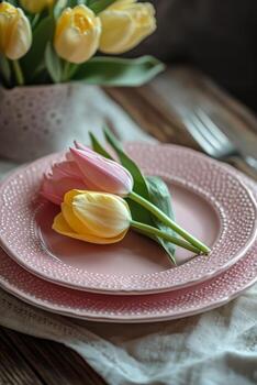 vistoso tulipanes arreglado en un rosado plato con un Clásico tenedor junto a ellos durante primavera foto