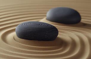 Smooth black stones resting on gently rippled sand, highlighting tranquility and natural beauty photo