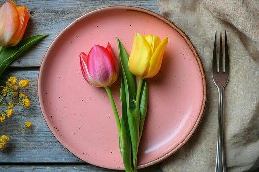 vistoso tulipanes arreglado en un rosado plato con un tenedor, presentando un rústico de madera antecedentes foto