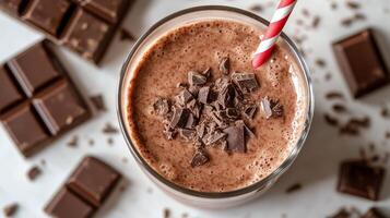Delicious chocolate milkshake topped with chocolate shavings and a red striped straw photo